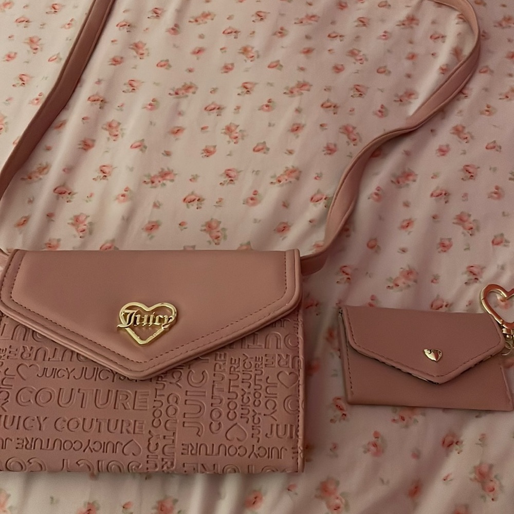 pink cute small juicy couture crossbody purse with mini matching wallet.